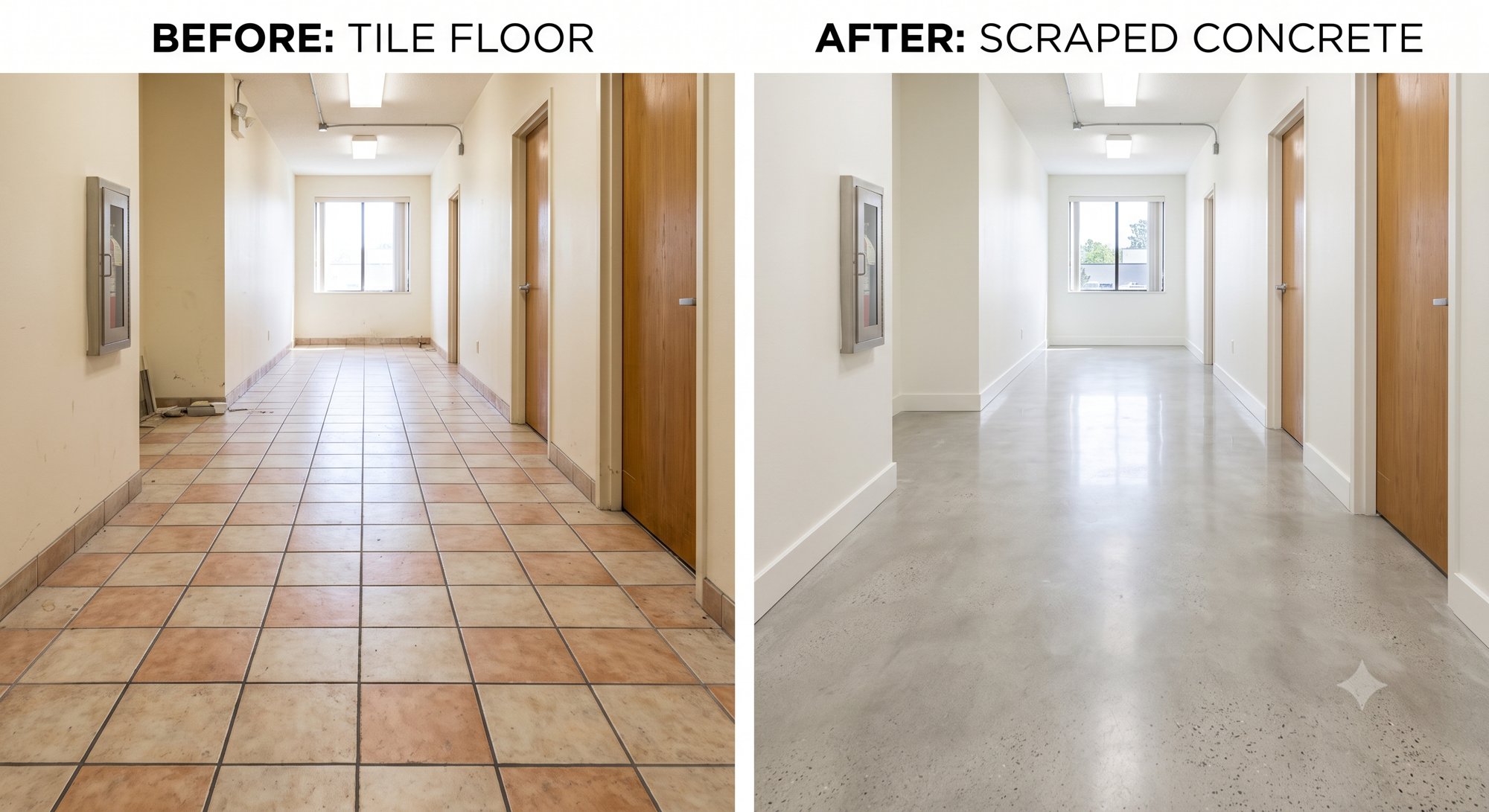 Before and after: tile floor removed down to clean scraped concrete