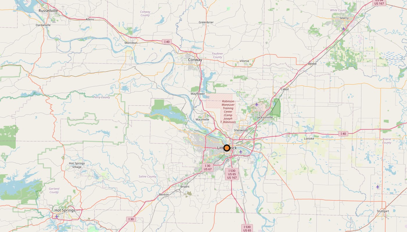 Map of Central Arkansas with Little Rock marked — the Ride On Flooring service area